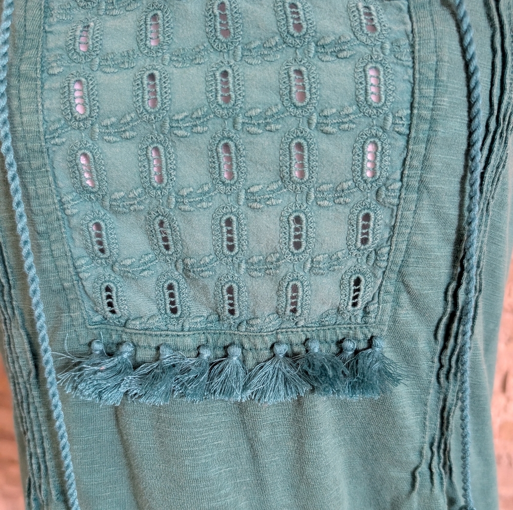 Boho Eyelet Turquoise Tassel Sleeveless Blouse Cotton Modal Festival Vacation M image 2